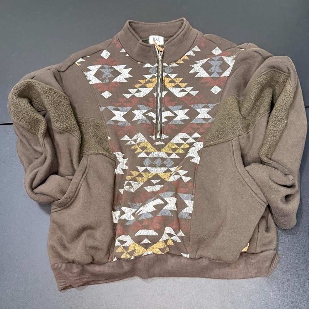 BKE Brown Aztec Southwestern Quarter Zip Fleece Pullover Large